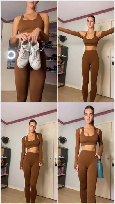 Teen American model - Emily Feld in brown tight pants with cameltoe. Showing her small young pussy. Wow.