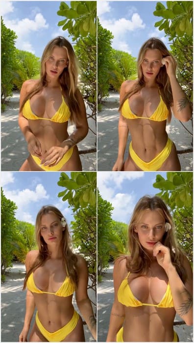 Darivo tits in sexy yellow bikini posing. Incredible beauty and hot face need your dick for deep sucking and get cumshot in mouth.