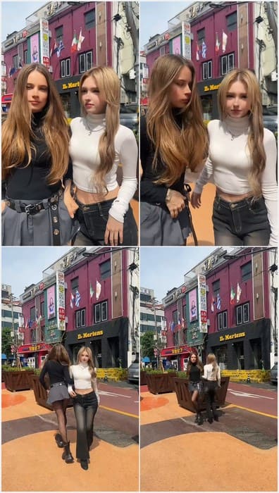 Elina Karimova sexy turkish model with her beauty friend. Posing outside on the street in mini skirts! Download it.