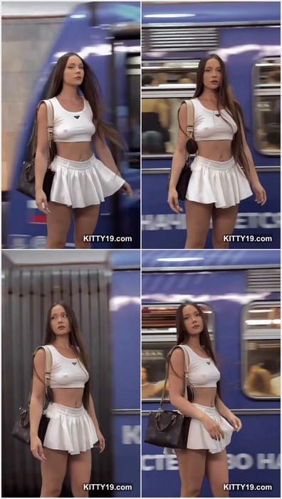 Kate Kuray ahegao cosplay model posing with naked tits in Russian subway! Download it video now.