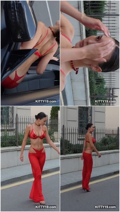 Milena Yavorskay model in hot red dress walking on the street and shows her ass in red bikini pants! Incredible!