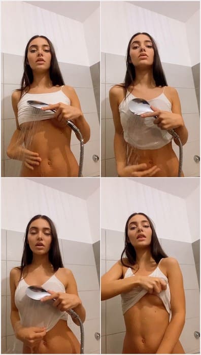 Nacre Victoire sextape on full video. Before hard fucking she touch her big tits and pussy in shower! Download it.