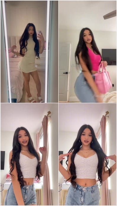 Jasmine Mir outfits change in home. Beauty brunette girl with sexy long legs and young face on leaked video!