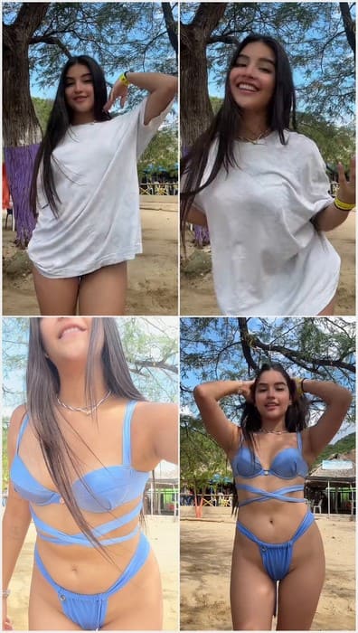 Alexandra Villanueva onlyfans model in sexy blue bikini posing on the beach and waiting your dick inside her virgin pussy!