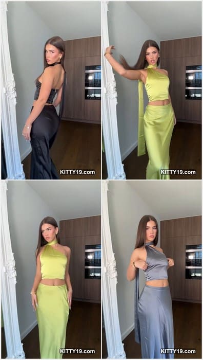 Leah Halton ass in sexy green skirt without panties. Beauty brunette girl with hot tits and titty nipples posing for you! Download it.