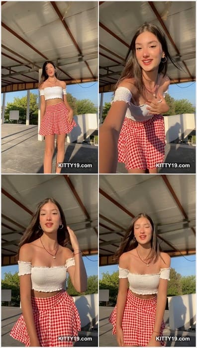 Silacekinn bikini lover girl posing in short skirt without panties. She take-off her panties for recording video on her tiktok.