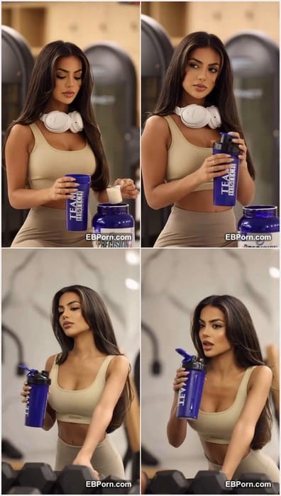 Aneeqa Farid hot brunette girl posing in gym without bra and show her perfect boobs! Download now and touch her nipples, buddy.