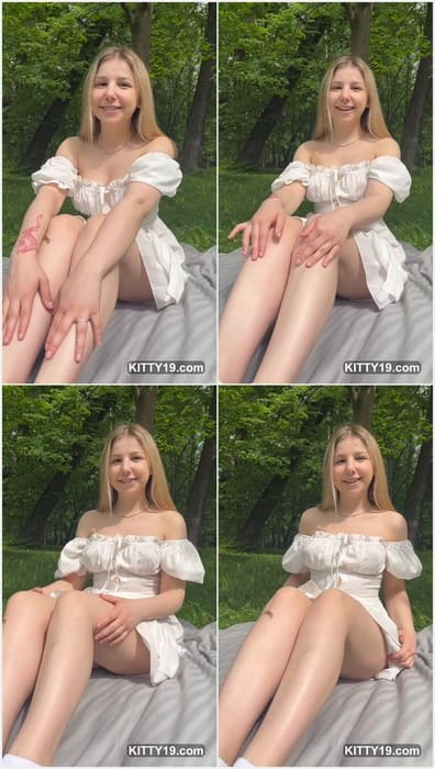 Judy Blooms leaks with her amazing sexy legs and she take off her panties only for you! Download it and lick her pussy.