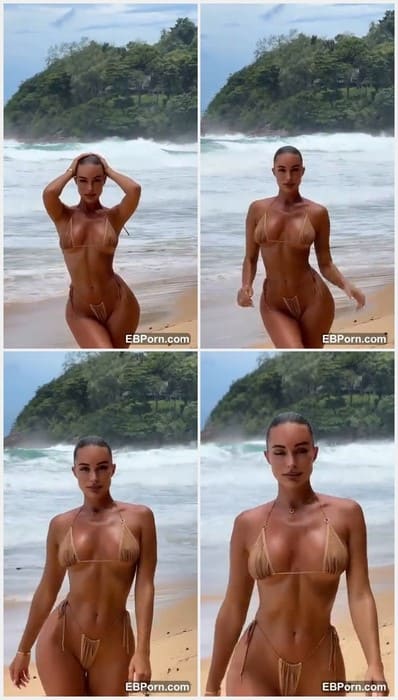 Alena Shatskaya onlyfans brunette girl with hot tits and pussy in mini bikini on the beach. Alena walking to her cliend and need sex for money now.