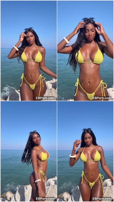 Barbiegomez_latina onlyfans leaked video with adorable big tits in yellow bikini. Beauty black girl posing on the beach!
