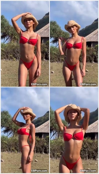 Julia Cavanagh lingerie blonde girl posing with hot red bikini and pretty dirty panties. Julia need riding on pillow lover.