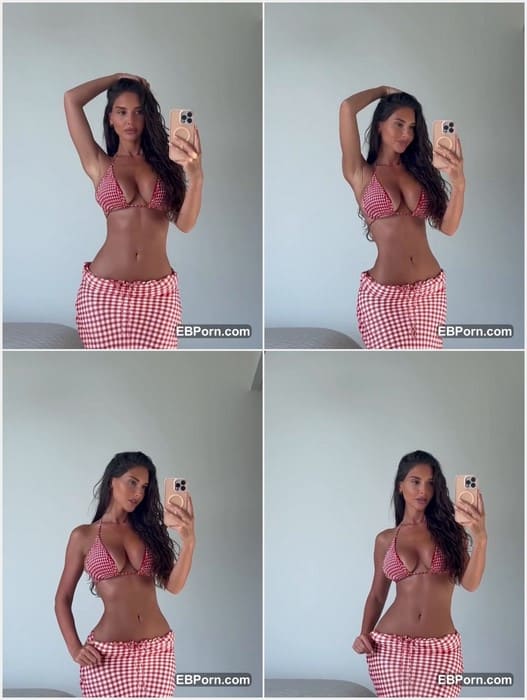 Aetaraa nude brunette girl with awesome big tits and hot ass in red bikini posing front the mirror for fans
