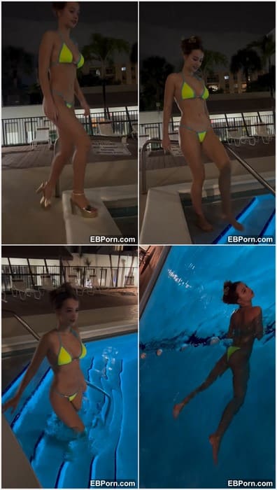 Anfisa Riazhkina nude hot girl in yellow bikini put in pool and bounce her hot tits for fans