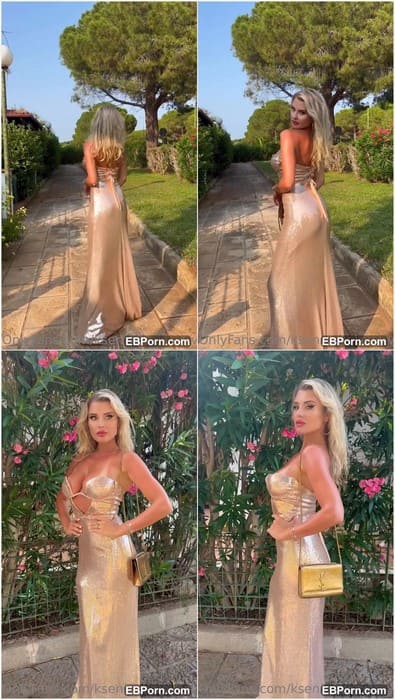 Kseniya Belousova onlyfans blonde babe posing in hot dress. But Ksysha take off her panties and wanna show her cunt for us