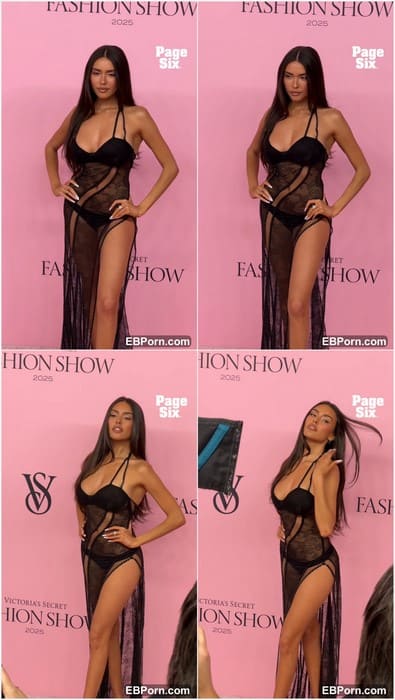 Madison Beer bikini model in hot black dress posing without her panties and bra. Sexy actress with hot body! HOT